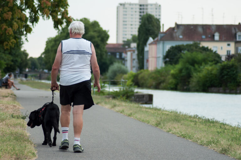 older man walking with dog - body scan