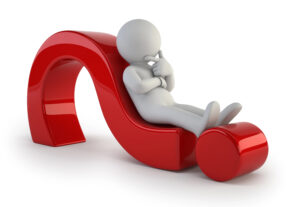 Rendering of man lying on a red question mark shaped like a sofa. Simple, helpful questions.