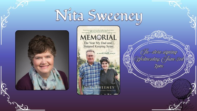 Book launch image of author Nita Sweeney and the cover of MEMORIAL, her new book